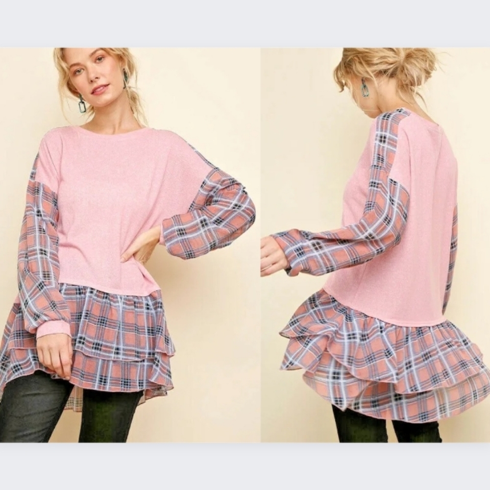 Umgee Pink Plaid Layered Tunic Top